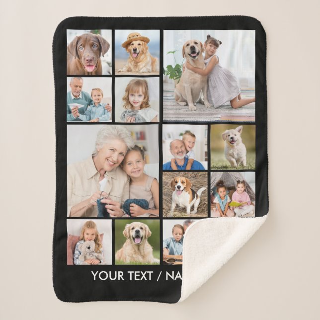 Custom 14 Photo Collage Personalized Black Sherpa Blanket (Front)