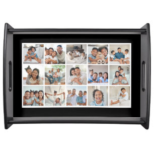 Custom 15‑Photo Black & White Family Collage Large Serving Tray