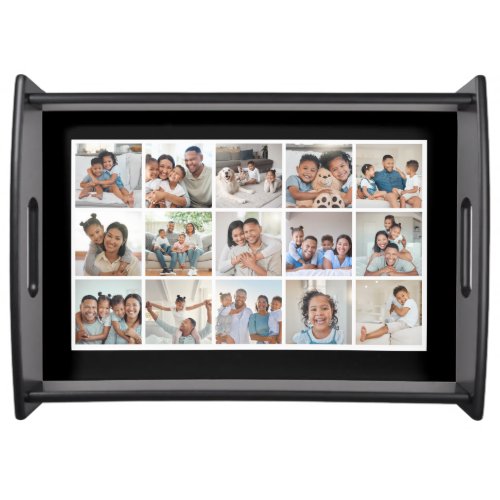 Custom 15‑Photo Black & White Family Collage Large Serving Tray