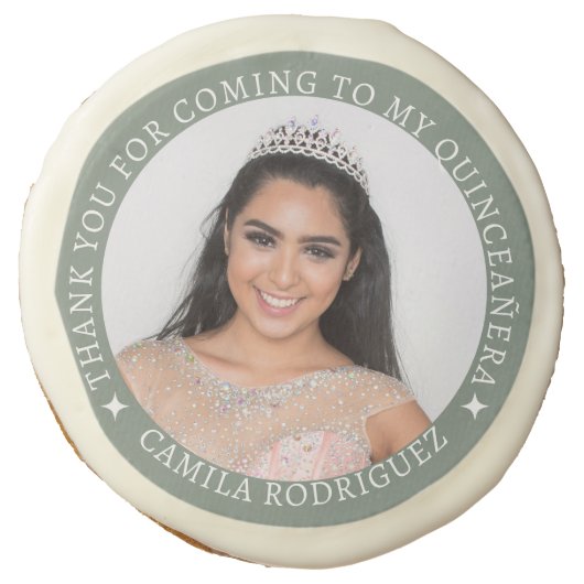 Custom 15th Birthday Sage Green Quinceañera Favors Sugar Cookie (Front)