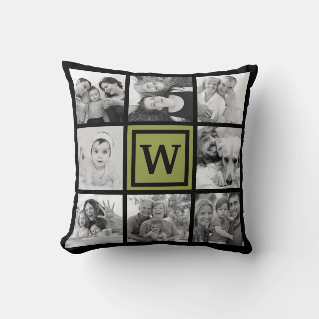 Custom 16 Family Memories Photo Collage Monogram Throw Pillow (Front)