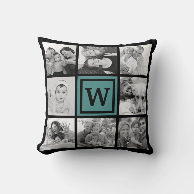 Custom 16 Keepsake Family Photo Collage Monogram Throw Pillow (Front)