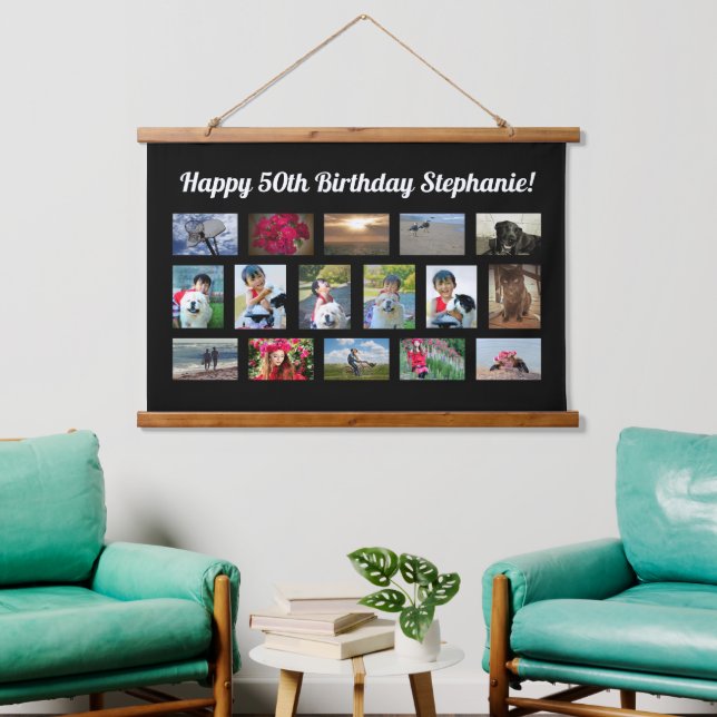 Custom 16 Photo Collage Birthday Party Hanging Tapestry (Living Room)