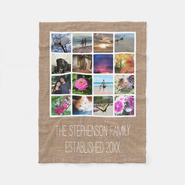 Custom 16 Photo Collage Burlap-Look Mosaic Picture Fleece Blanket (Front)