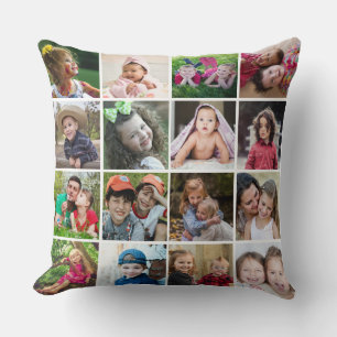 Custom 16 Photo Collage Family Quote Rustic Wood   Throw Pillow