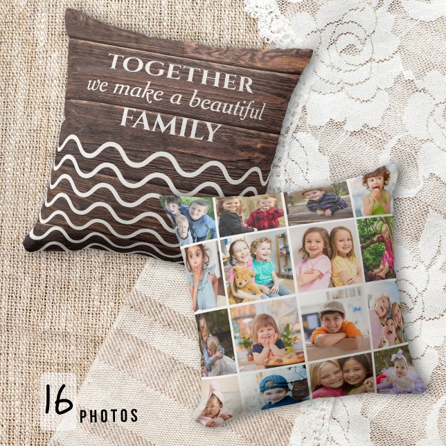 Custom 16 Photo Collage Family Quote Rustic Wood Throw Pillow (Creator Uploaded)