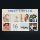 Custom 16th Birthday Party Photo Collage Banner<br><div class="desc">Create your own custom photo collage banner for a 16th Birthday Party. The template is set up for you to add your custom name, age and your favorite photos. Your photos will automatically appear as a photo collage. The banner has a boho style and a modern retro checkerboard in blue...</div>