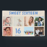 Custom 16th Birthday Party Photo Collage Banner<br><div class="desc">Create your own custom photo collage banner for a 16th Birthday Party. The template is set up for you to add your custom name, age and your favorite photos. Your photos will automatically appear as a photo collage. The banner has a boho style and a modern retro checkerboard in blue...</div>