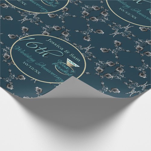 Custom 16th Wedding Anniversary Silvery Floral Wrapping Paper