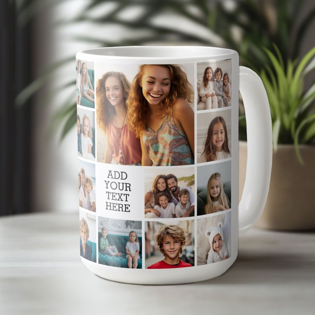 Custom 17 Photo Collage - Black - white text Coffee Mug (Custom Photo Mug)