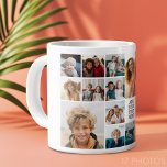 Custom 17 Photo Collage - Black - white text Giant Coffee Mug<br><div class="desc">Use 17 photos to create a personal photo collage. A great gift for grandma's kitchen or for a family game room. This fun pattern layout includes a white background and a place to add text within the grid. The background color can be changed in the customize area. If you have...</div>