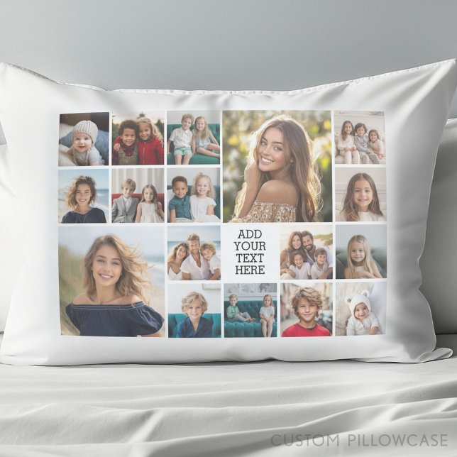 Custom 17 Photo Collage - Black White text Pillow Case (Create Your Own Photo Collage Pillowcase)