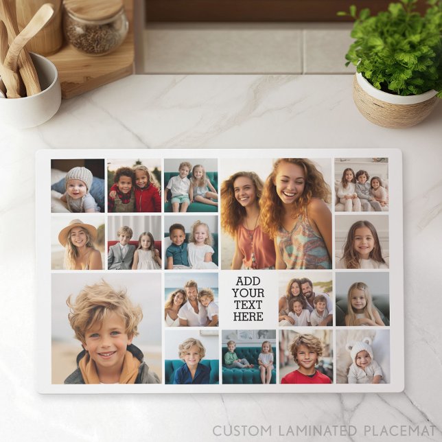 Custom 17 Photo Collage - Black - white text Placemat (Photo Collage Placemat)