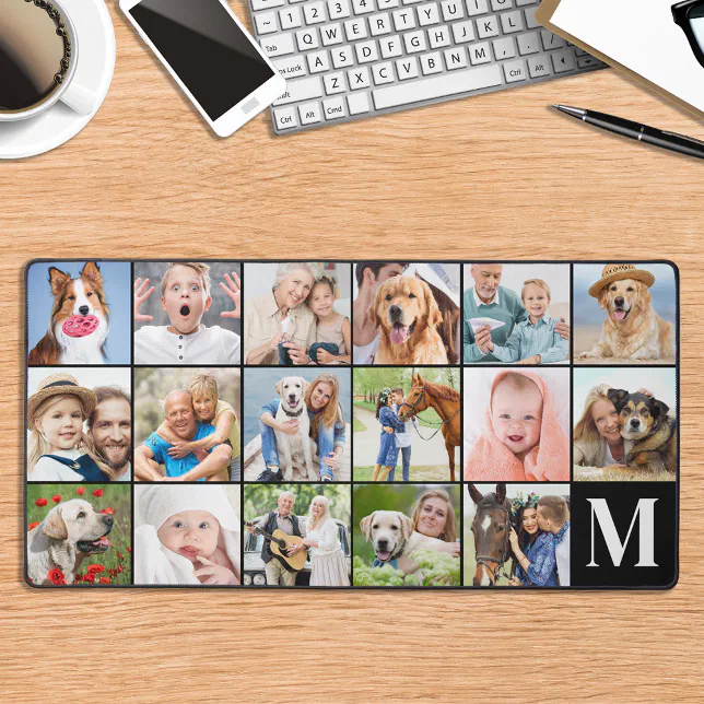 Custom 17 Photo Collage Personalized Monogram Desk Mat | Zazzle