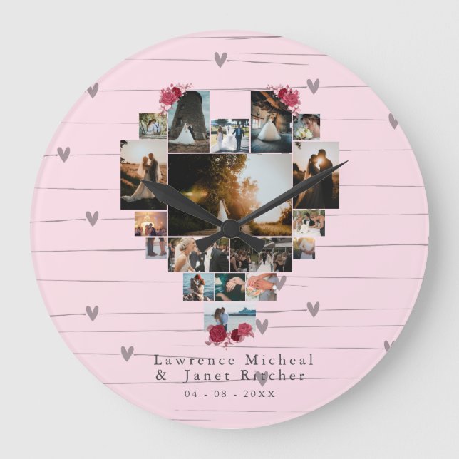 Custom 18 Heart shaped Photo Collage couples gifts Large Clock (Front)