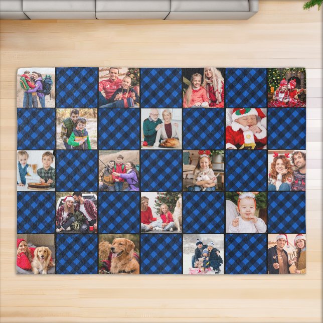 Custom 18 Photo Black Blue Buffalo Plaid Holiday Rug (Creator Uploaded)