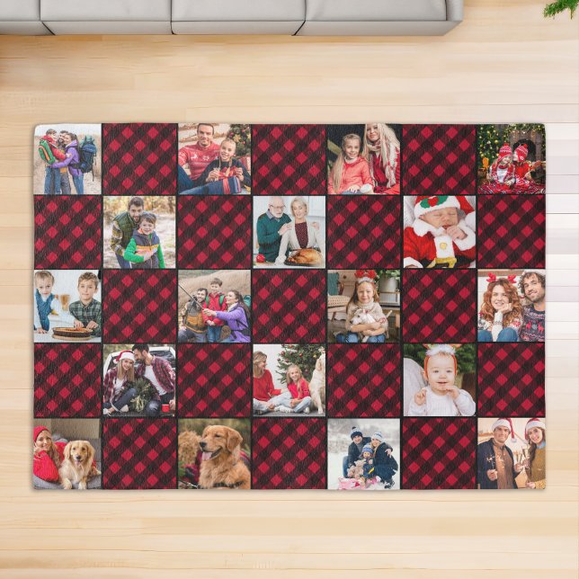 Custom 18 Photo Black Red Buffalo Plaid Holiday Rug (Creator Uploaded)