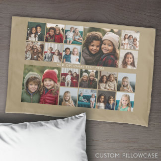 Custom 18 Photo Collage - beige - white text Pillow Case