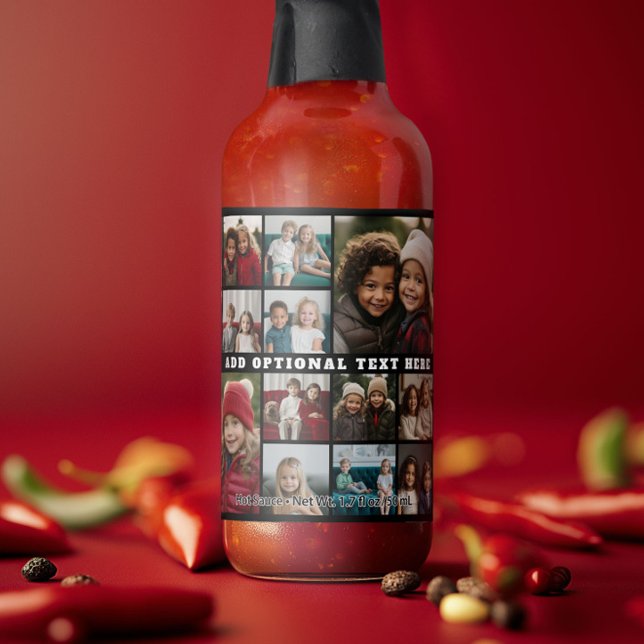 Custom 18 Photo Collage - Black - white text Hot Sauces (Custom Hot Sauce with Photo Collage)
