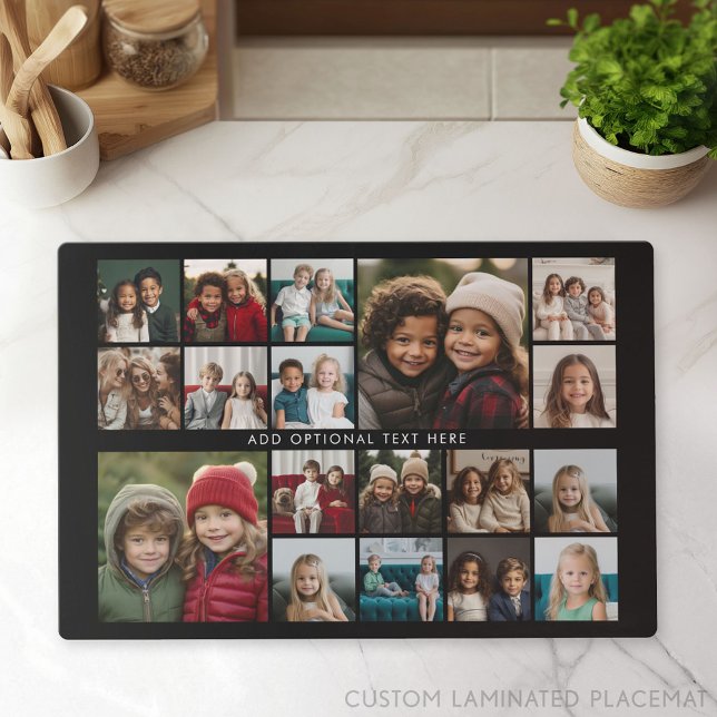 Custom 18 Photo Collage - Black - white text Placemat (Photo Collage Placemat)