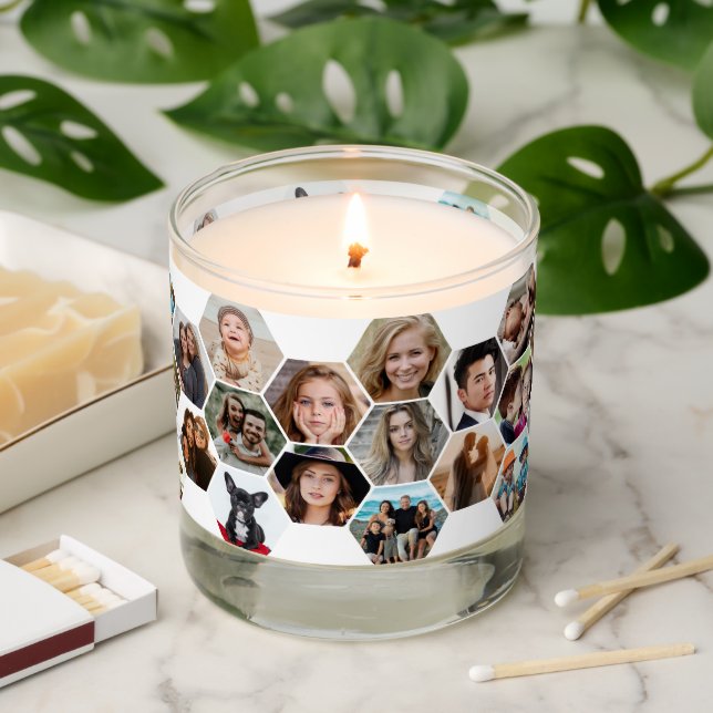 Custom 18 Photo Collage Honeycomb Hexagon  Scented Candle (Lit)