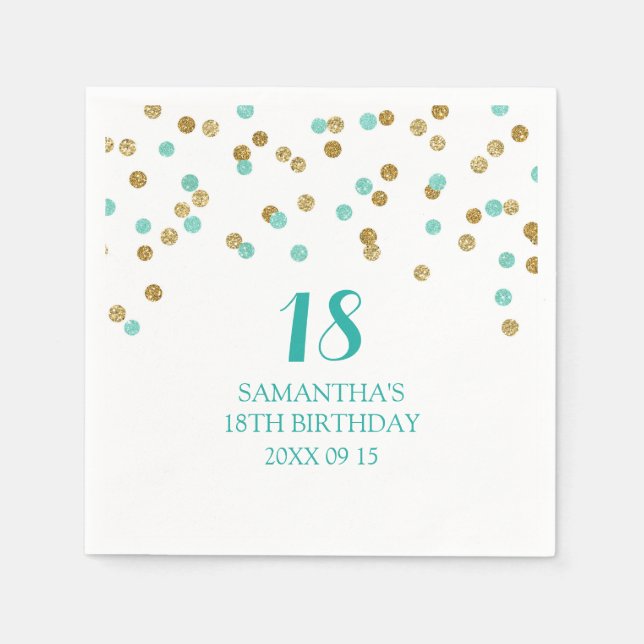 Custom 18th Birthday Napkin Gold Tuquoise Confetti (Front)