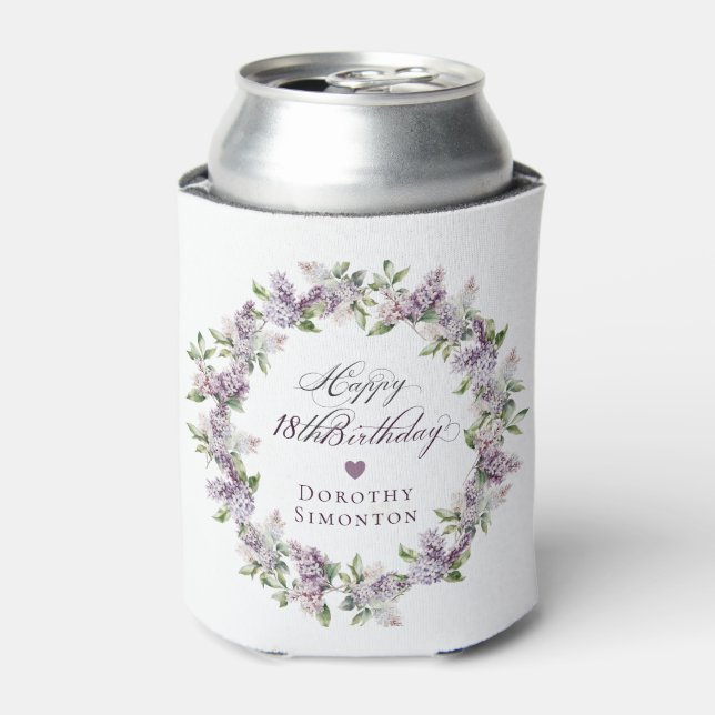 Custom 18th Birthday Purple Lilac Spring Flower Can Cooler (Can Front)