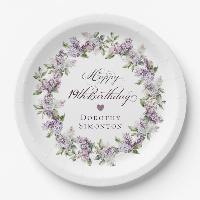 Custom 19 Birthday Purple Lilac Spring Flower Paper Plates (Front)