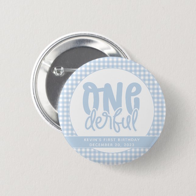 Custom 1st Birthday Cute Pastel Blue Onederful Button (Front & Back)