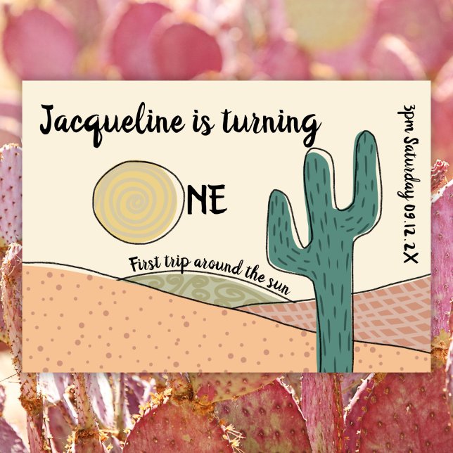 Custom 1st Birthday Retro Boho Desert Cactus Sun Invitation (Creator Uploaded)
