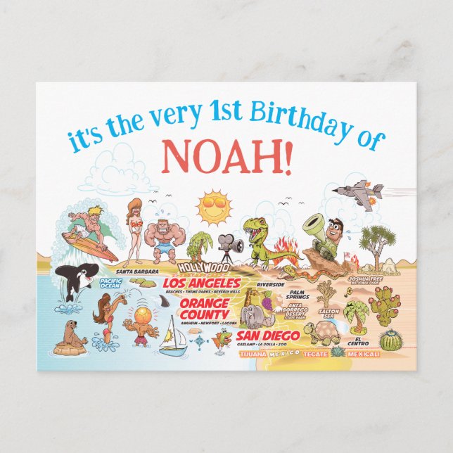 Custom 1st Birthday SoCal Invitation Postcard (Front)