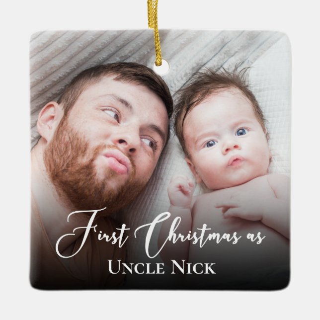 Custom 1st Christmas As Uncle 2 Photo White Script Ceramic Ornament (Front)