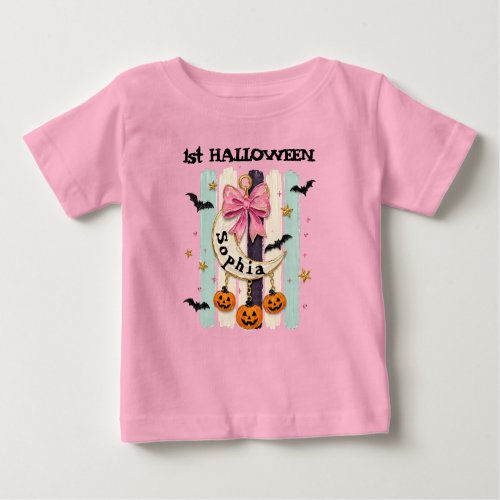Custom 1st Halloween Coquette Bow Moon Catcher Baby T-Shirt