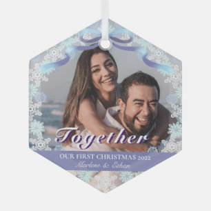 Custom 1st Married Xmas Light Purple Blue Tone Glass Ornament