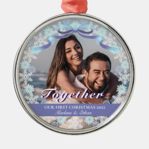 Custom 1st Married Xmas Light Purple Blue Tone Metal Ornament