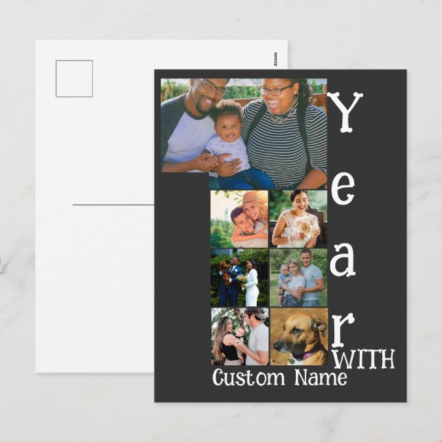 Custom 1st wedding anniversary 7 photo collage holiday postcard (Front/Back)