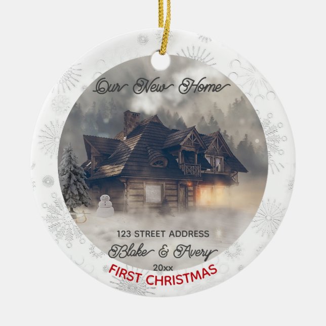 Custom 1st  Xmas New Home Photo Street Address Ceramic Ornament (Front)