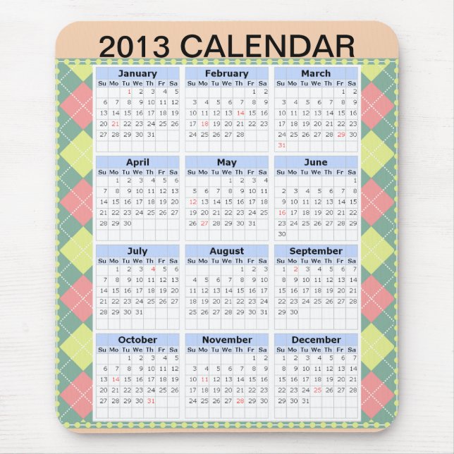 Custom 2013 Calendar on a Mousepad (Front)