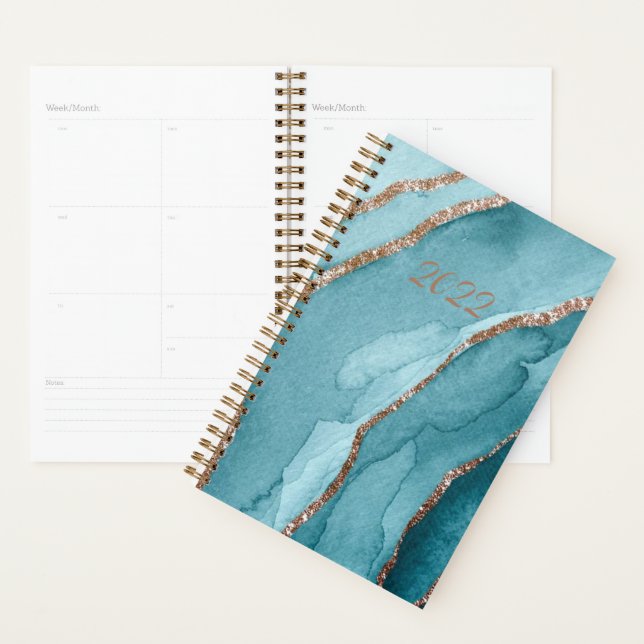 Custom 2022 Gold Teal Blue Marble Undated Weekly Planner (Display)