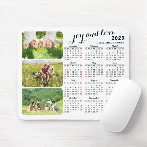 Custom 2023 Calendar Family Name 3 Photo Collage Mouse Pad