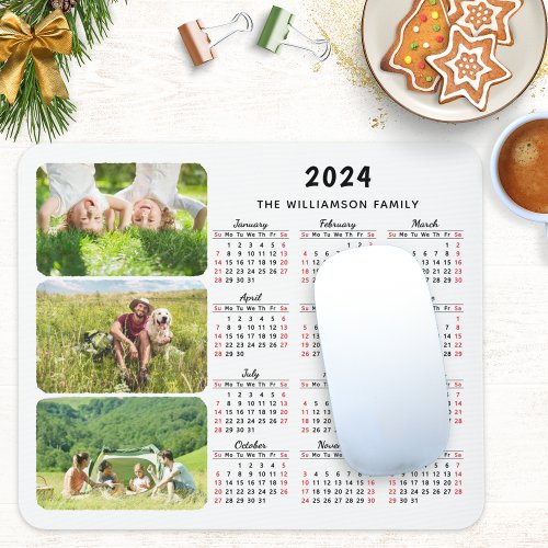 Custom 2024 Calendar 3 Photo Collage Family Mouse Pad