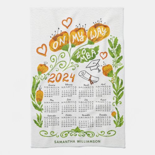 Custom 2024 Calendar MBA Student Orange Floral Kitchen Towel