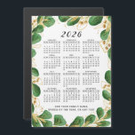 Custom 2026 Calendar Magnet with Elegant Greenery<br><div class="desc">This 2026 calendar magnet features an elegant botanical design with emerald green eucalyptus and subtle gold accents on a clean white background. The template allows you to add your family name, favorite phrase, or any special message, making it unique and personal. With its full-year Sunday-through-Saturday layout, this calendar blends style...</div>