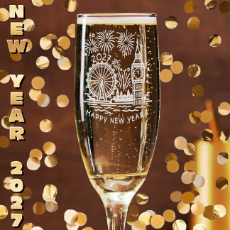 Custom 2027 London Fireworks Happy New Year Champagne Flute