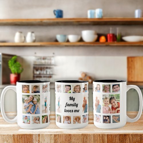 Custom 20 Family Photo Collage Family Loves Me Two_Tone Coffee Mug