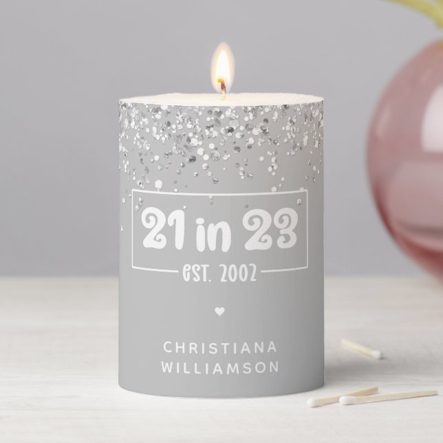 Custom 21st Birthday 21 in 23 Glitter Confetti Pillar Candle (In Situ)