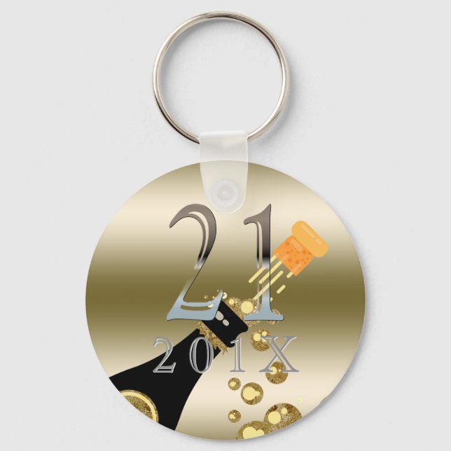 Custom 21st Birthday Gift | Champagne Gold Silver Keychain (Front)