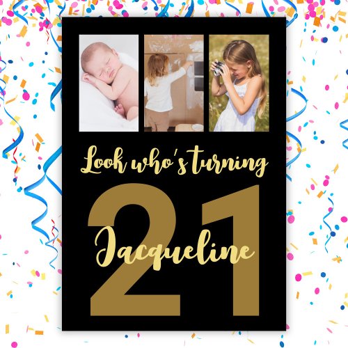 Custom 21st Birthday Gold Modern Photo Collage Invitation