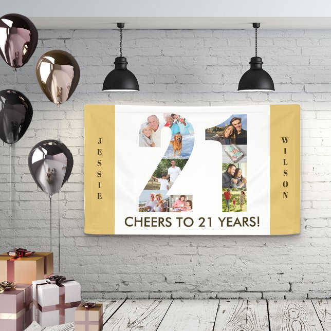 Custom 21st Birthday Party Neutral Photo Collage Banner (Creator Uploaded)