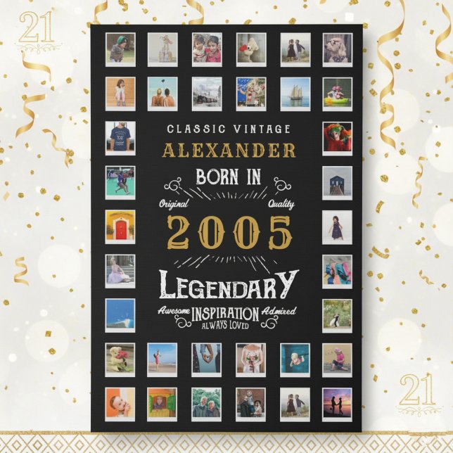 Custom 21st Birthday Photo Collage Family Memories Faux Canvas Print (2005 Faux Canvas Photo template on a white and gold background.)